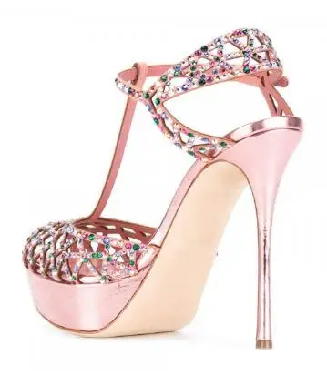 

2019 explosion models hot open toe high heel sandals Pink Colorful Rhinestone Hotfix T Strap Stiletto Heel Platform Sandals
