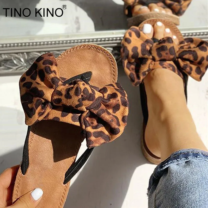 

TINO KINO Women Bowtie Leopard Summer Flats Casual Slippers Female Beach Flip Flops Comfort Fashion Slip On Clip Toe Shoes