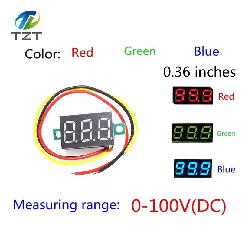 

0.36 Inch DC 0-100V LED Mini Digital Voltmeter Blue/red/green LED Display Volt Meter Gauge Voltage Panel Meter 3 wires