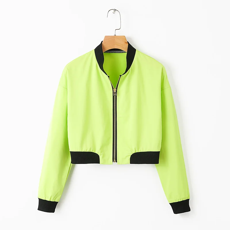 2019 курточка бомбер привлекательный флуоресцентный зеленый черный границы лоскутное пальто High Street для женщин верхняя одежда повседневное