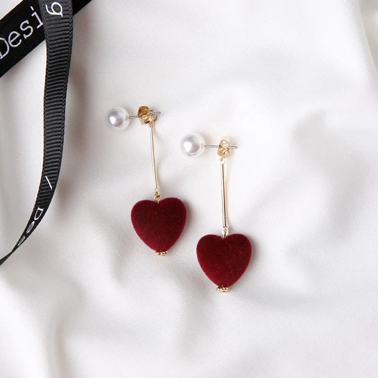 

2018 Vintage Sweet Cute Velvet Red Love Heart Velvet Pearl Drop Earrings for Women Girls Wedding Bridal Charm Jewelry Wholesale