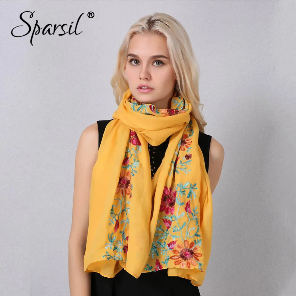 Sparsil женский вышитый шарф из хлопка и льна Мягкий тонкий летний весенний цветочный шарф большой размер 170*90 см мусульманские шарфы шали