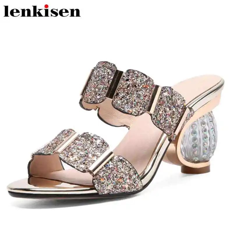 

Lenkisen shining sequined cloth big size summer peep toe shallow slingback high crystal heel mules party women cozy sandals L0f1