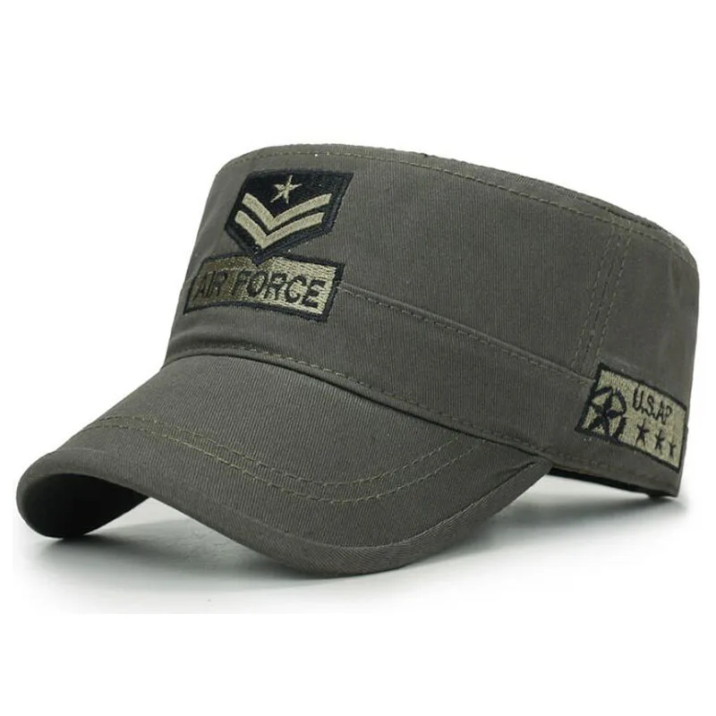 Army green men caps flat top style star Embroidery Design Cotton