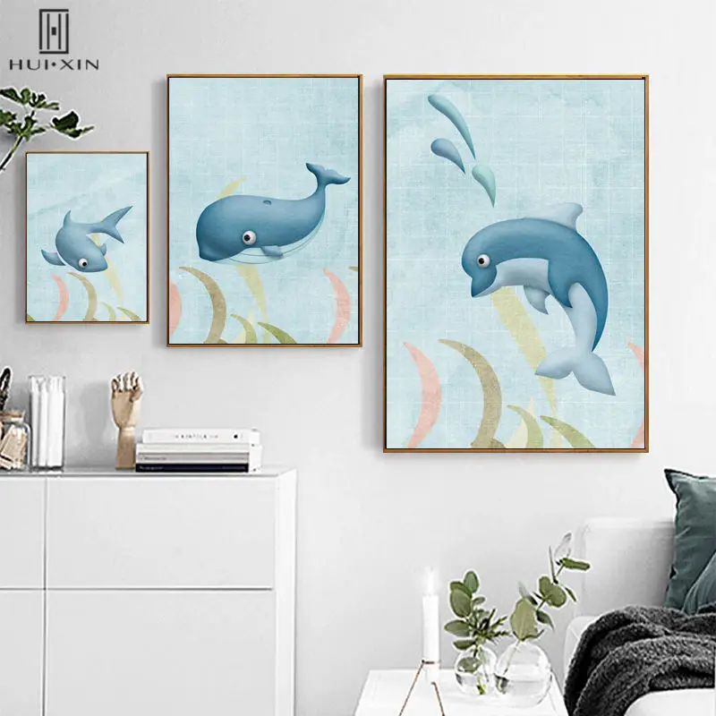 

Art Pictures On Wall Decor With Lovely Cartoon Version Whale Set Canvas HD Pattern Paintings For Home Kids' Room Decoration