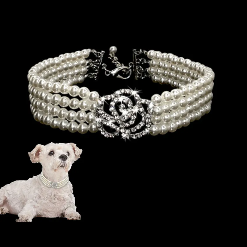 

Luxury Pet Jewelry Four rows of pearls Rhinestone Pet Collar Princess Dogs Accessories For Female Pets GP190101-3