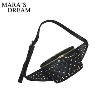 

Mara's Dream 2019 Women Famous Brand Female Bags Waist Bags Women Rivet Waist Bag PU Leather Women Solid Black Bag Chest Handbag
