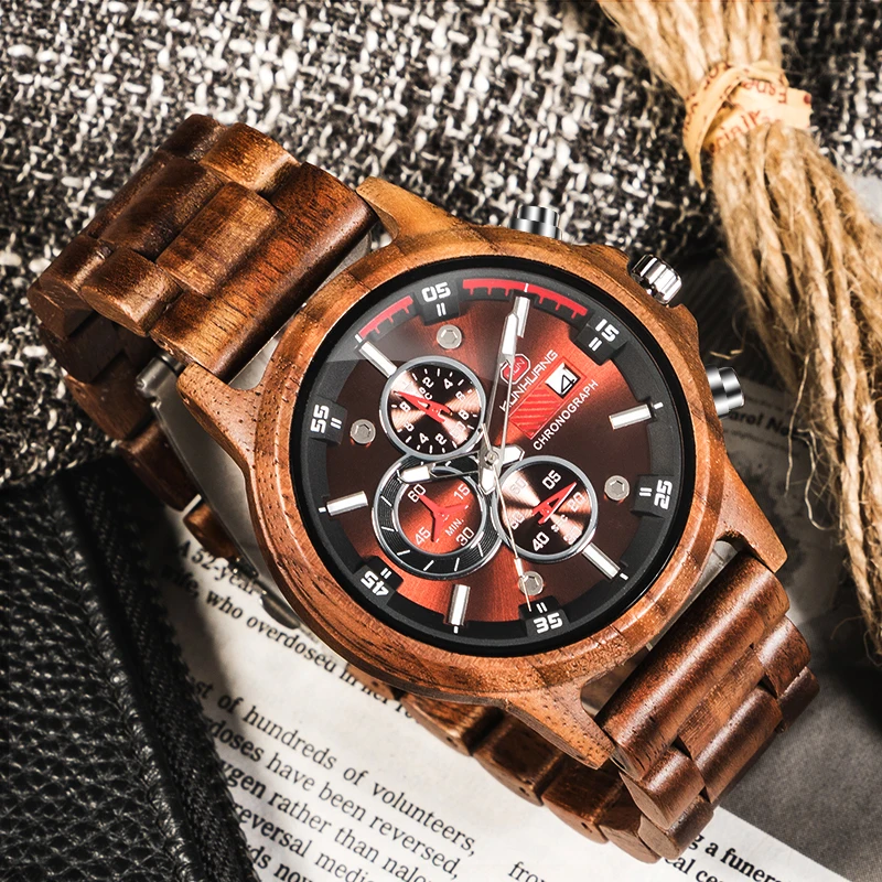 

Natural Wood watch Saat erkek Wooden Watches Men Multi-function Wristwatch Sport Quartz Clock Luxury Brand Show date Gift