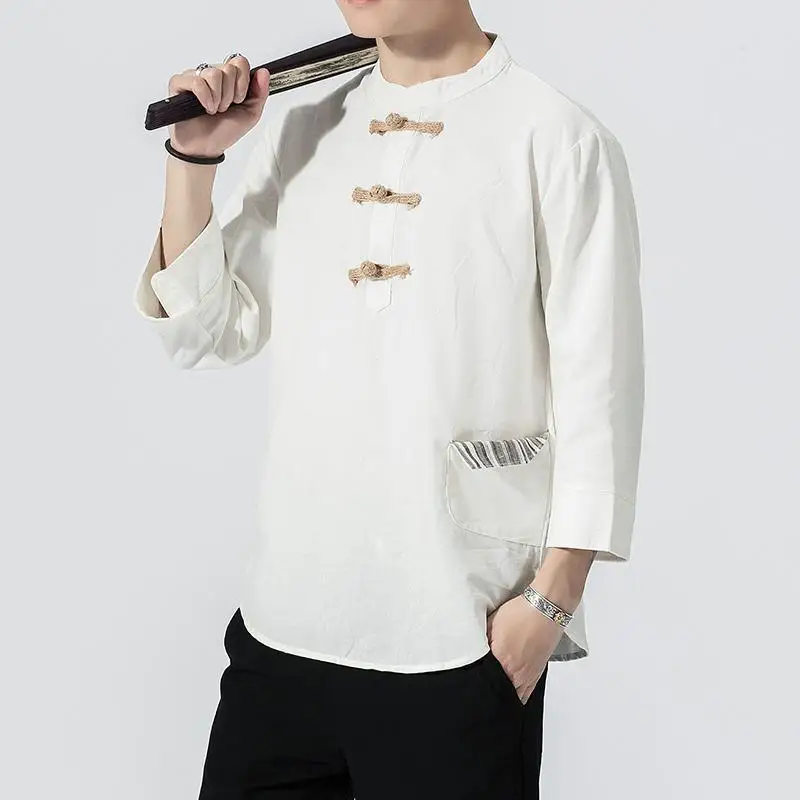 

M-5XL Plain Color Traditional Chinese Linen Shirt Men Casual 3/4 Sleeve Japanese Streetwear Summer Blouse Male Plus Size XXXXXL