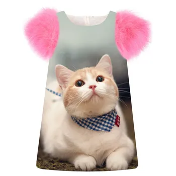 

Girls Dress Beige cat print fashion Birthday party winter Dresses autumn faux fur sleeve Toddler Kids Children Clothing baby