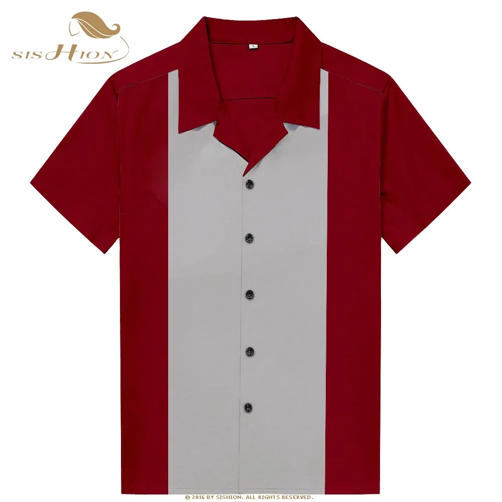 SISHION قصيرة الأكمام الصيف قميص ST123 50 s 60 s خمر البني زر أحمر يصل البولينج الرجال قميص camisas