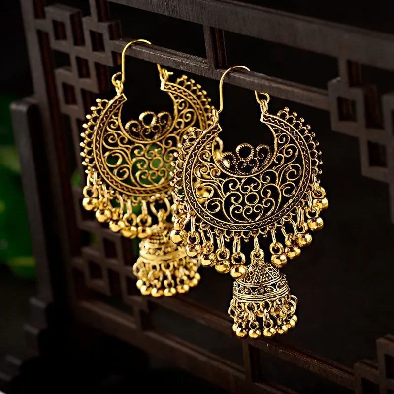 Классические Винтажные серьги Jhumka Jhumki с золотым резным узором для женщин