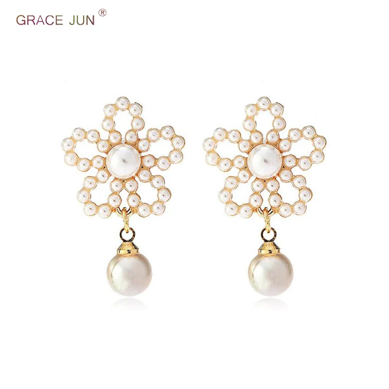 

GRACE JUN Gold Color Full Simulated Pearl Flower Clip on Earrings and Drop Pieced Earrings Best Jewelry Luxury Bridal Earrings