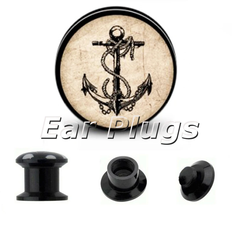 1 pair Drop Your Anchor plug gauges black acrylic screw flesh tunnel