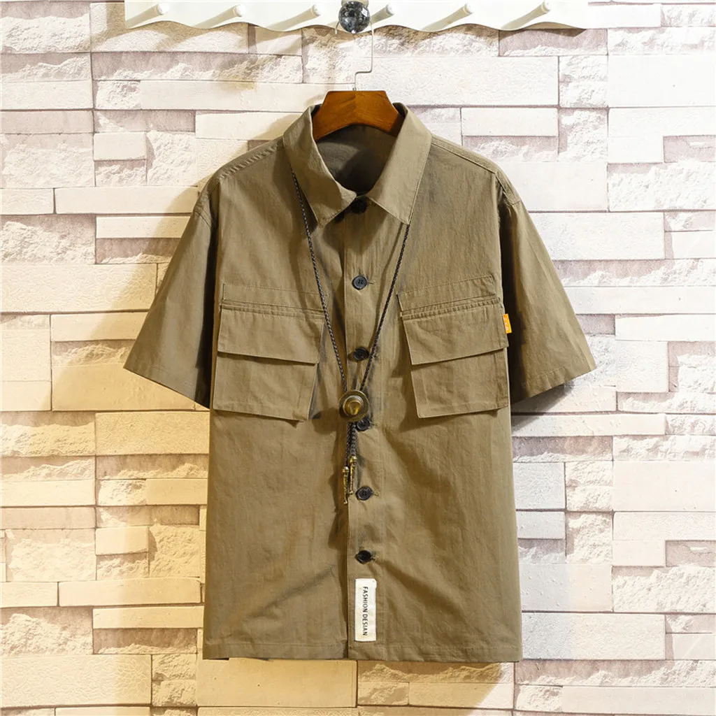 

Feitong Men Shirt Summer Casual Cotton Military Solid Shirts Fashion Pockets Short Sleeve Shirt Top Blouses camisas hombre