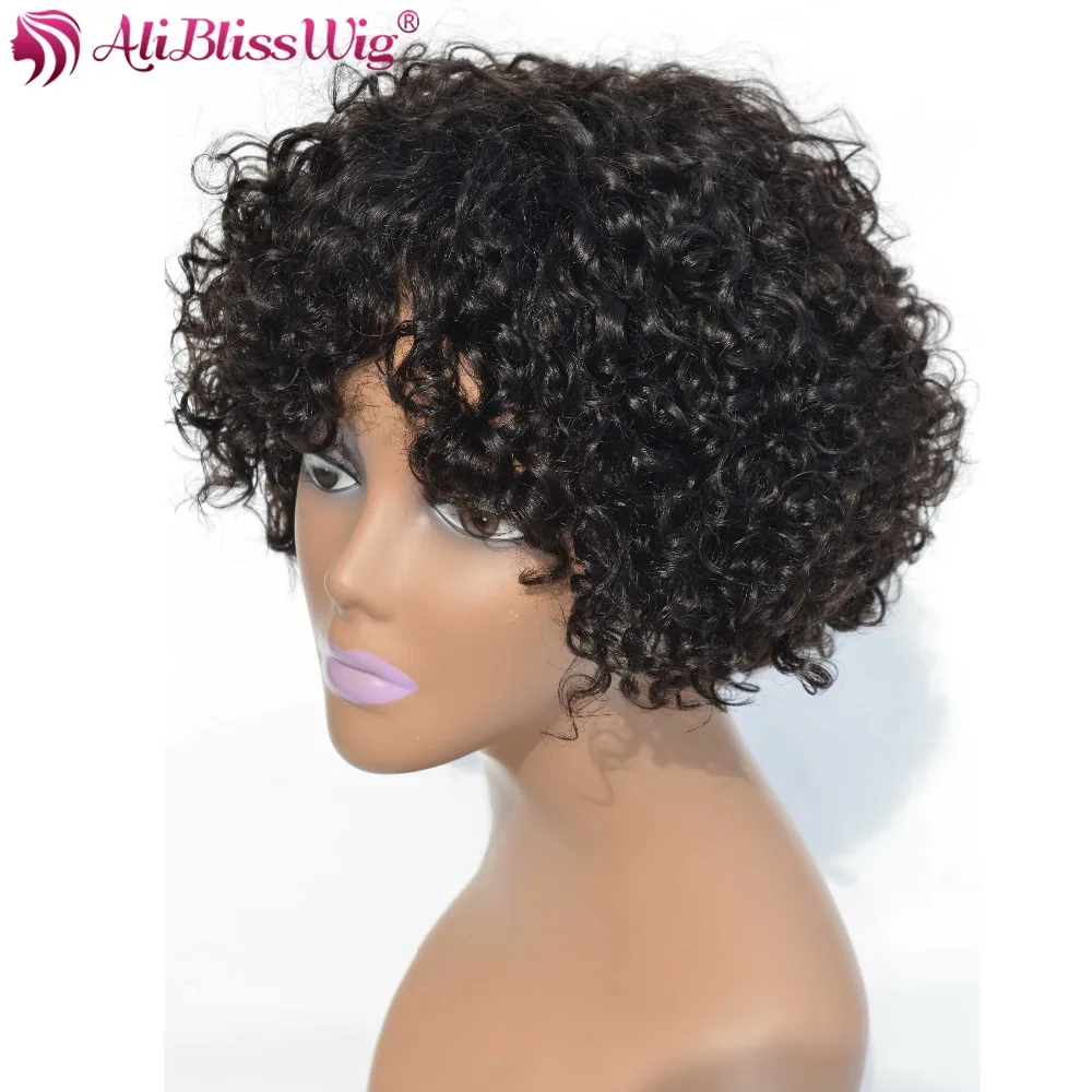 AliBlissWig Curly Short Wigs For Black Women #1B Color Brazilian Non-Remy Hair None Lace Human Hair Wigs Medium Cap Machine Made (1)