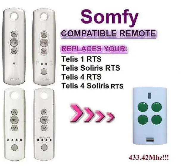 

Somfy Telis 4 RTS, Somfy Telis 4 Soliris RTS compatible garage door remote control 433,42Mhz beautiful