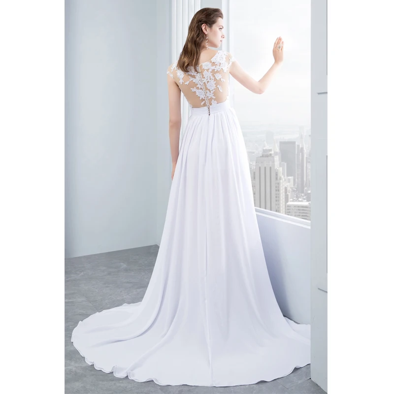 Chiffon Lace Appliqued Cap Short Sleeve Beach Wedding Dress