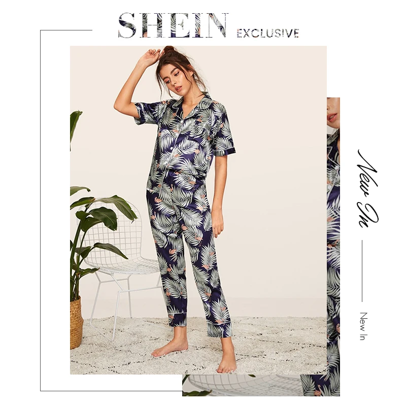 SHEIN Сатиновые весенне-летние пижамы с принтом, женская одежда, короткий рукав, длинные штаны, одежда для сна, повседневный комплект свободных пижам для дам