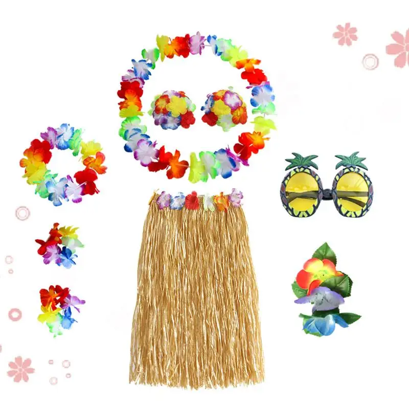 8 шт./компл. Hawaii тропический «хула» травяная юбка для танцев вечерние События платье бюстгальтер цветок Браслеты очки оголовье Цепочки и ожерелья A3 - Цвет: Коричневый
