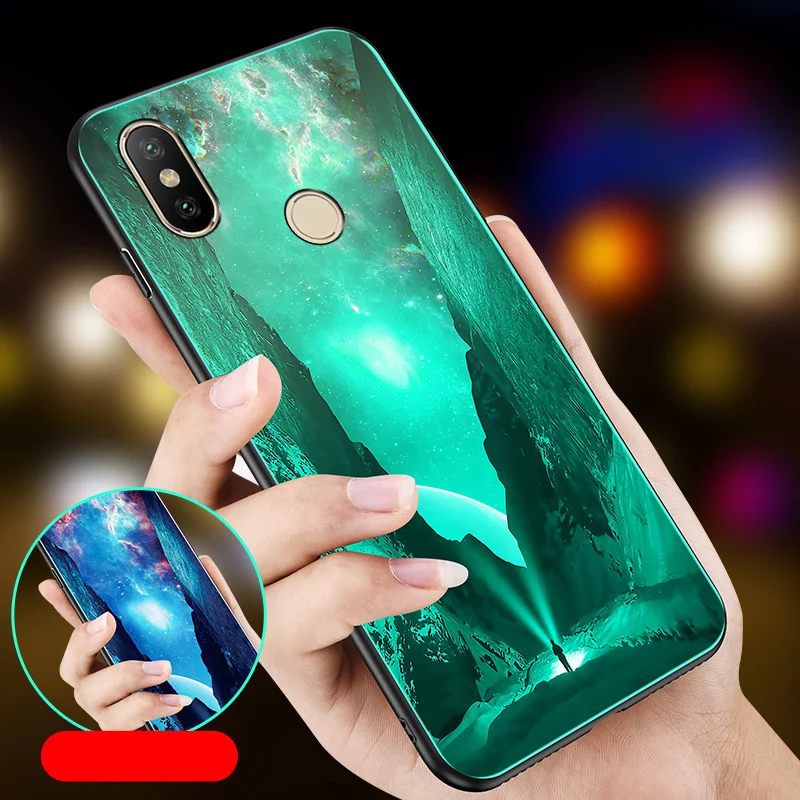 For Xiaomi Mi A2 Lite Case Luxury Luminous Pattern Hard Tempered Glass Protect Back Cover for xiaomi mi a2 lite phone shell |