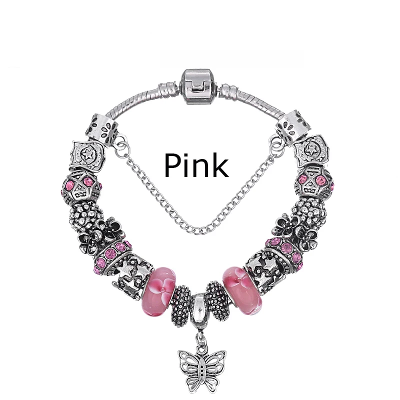 Silver Plated Heart Start Charm Bracelets for Women Butterfly Colorful