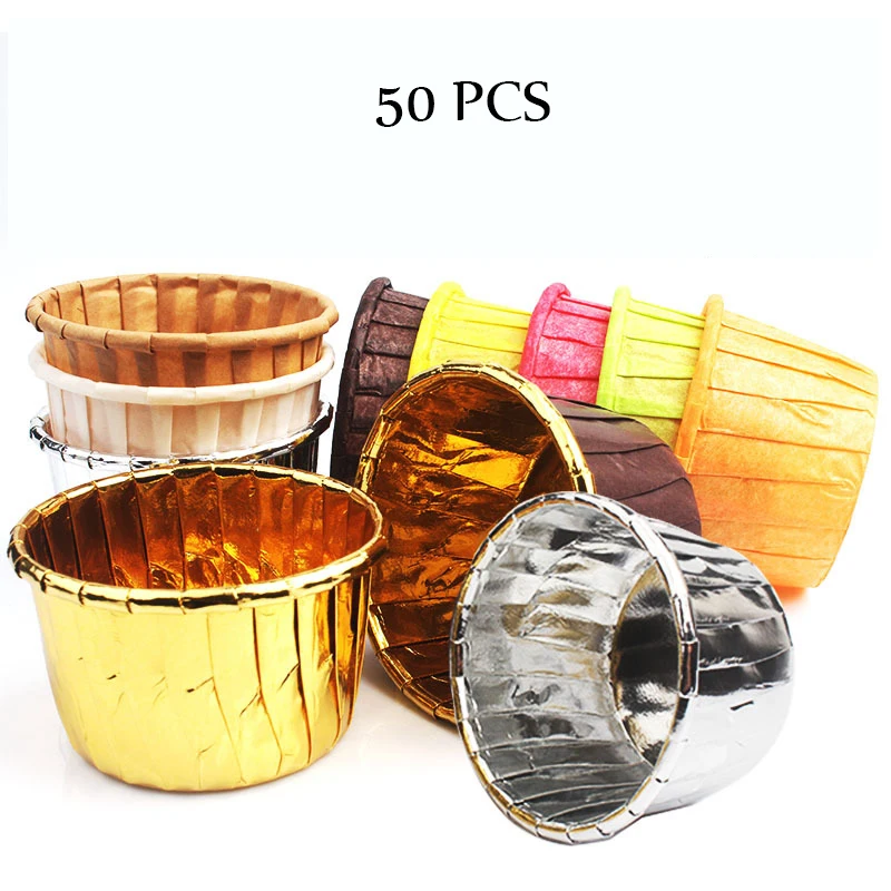 

50PCS Crimping Cup Gold Silver Cupcake Wrappers Baking Cups Cases Muffin Boxes Cake Cup Decorating Tools Kitchen Cake Tools DIY