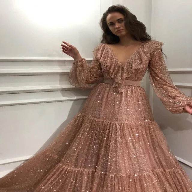 Sparkle Sequined Rose Gold Prom Dresses Long Sleeves V-Neck Arabic Evening Party Dress 2019 Elegant Dubai Women Formal Gowns