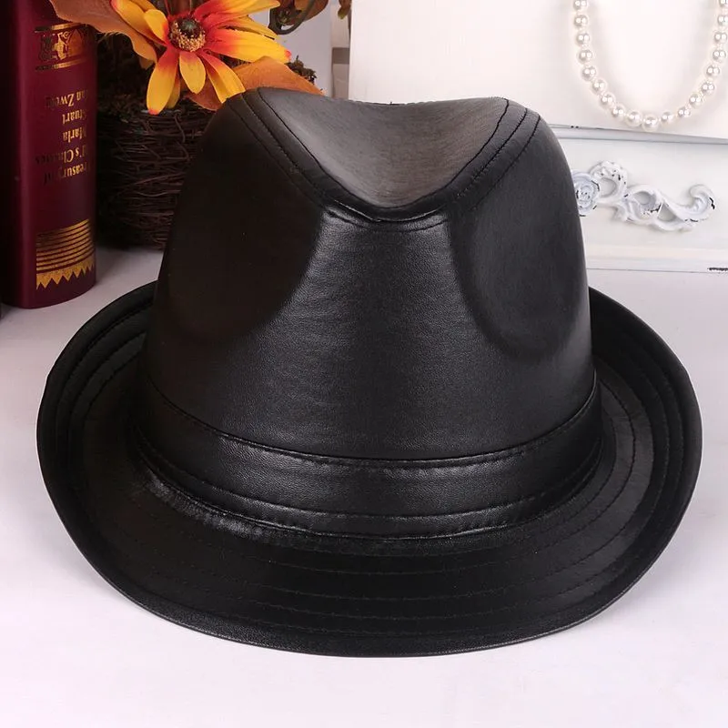 Фетровые шляпы из искусственной кожи, винтажная джазовая Кепка, ковбойская Кепка для джентльменов, котелок с короткими полями, широкополая шляпа в стиле хип-хоп, Черная кепка для мужчин и женщин