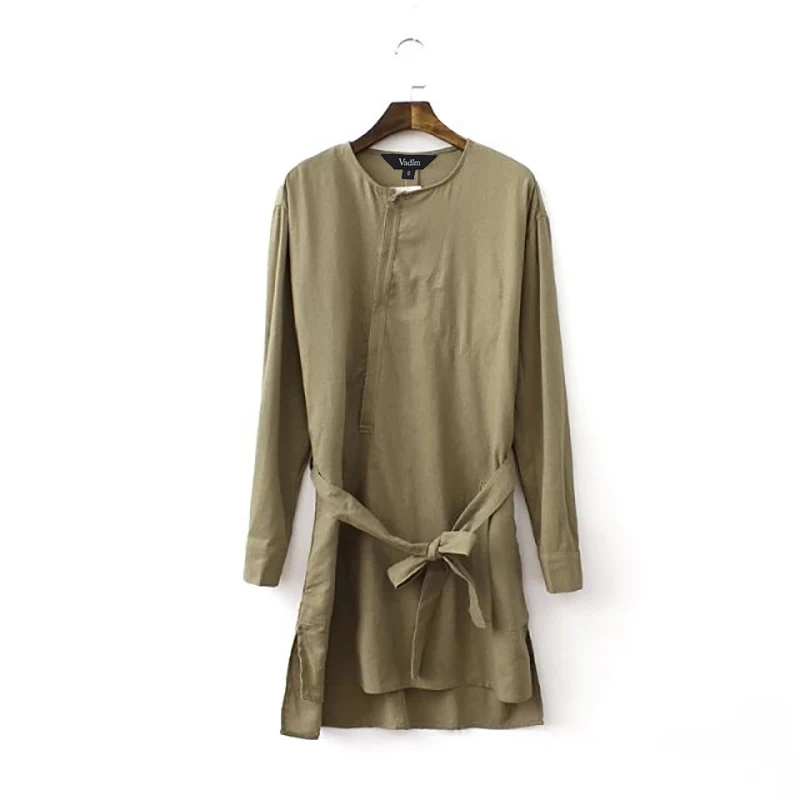

LT184 New Fashion Ladies' elegant brief long loose blouses vintage stylish O neck long sleeve shirts with belt casual brand top