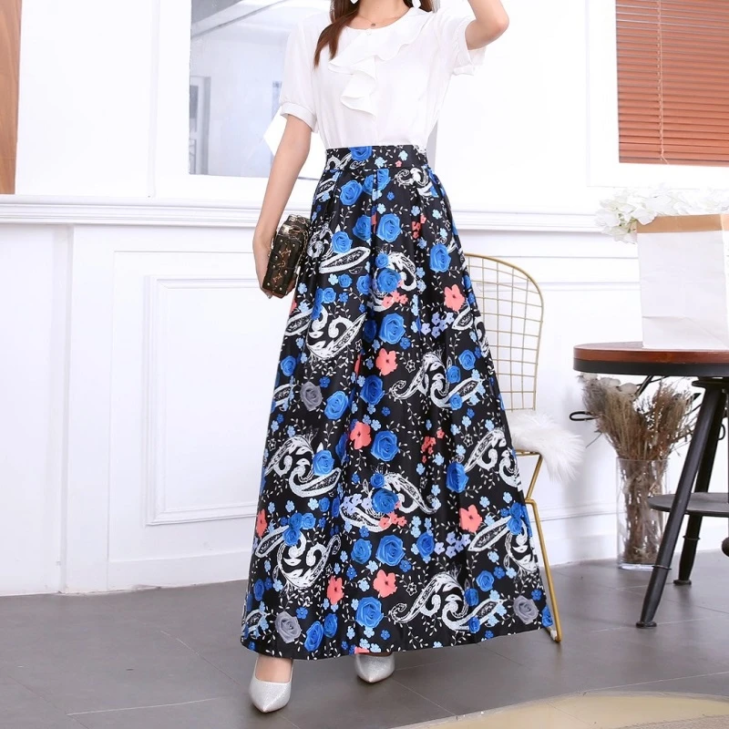 Faldas de mujer 2019 Falda larga Floral Maxi falda vestido de talla grande S 3XL Negro Azul Rojo primavera otoño|Faldas| - AliExpress