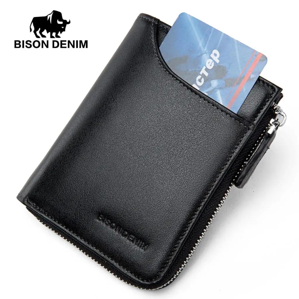 Мужской кошелек BISON DENIM из коровьей кожи с карманом для монет на молнии держатель