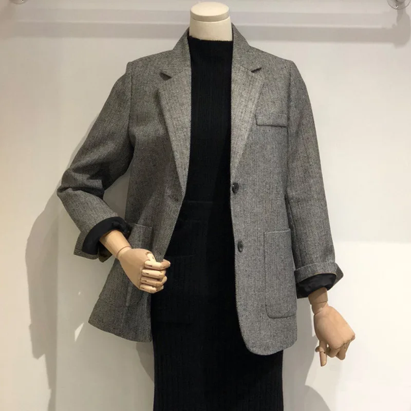 2019 Autumn Vintage Wool Plaid Office Blazer Women Single Breasted Korean Women's Jacket Blazers Coat Long Sleeve Female Outwear