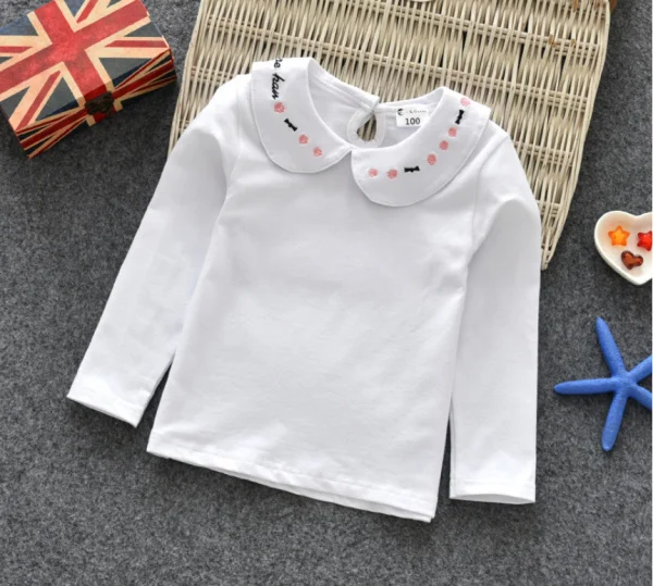 Новая одежда для маленьких девочек Летняя хлопковая белая футболка для девочек топы, футболки, одежда для детей Детские рубашки с длинными рукавами и воротником «Питер Пэн» - Цвет: 1