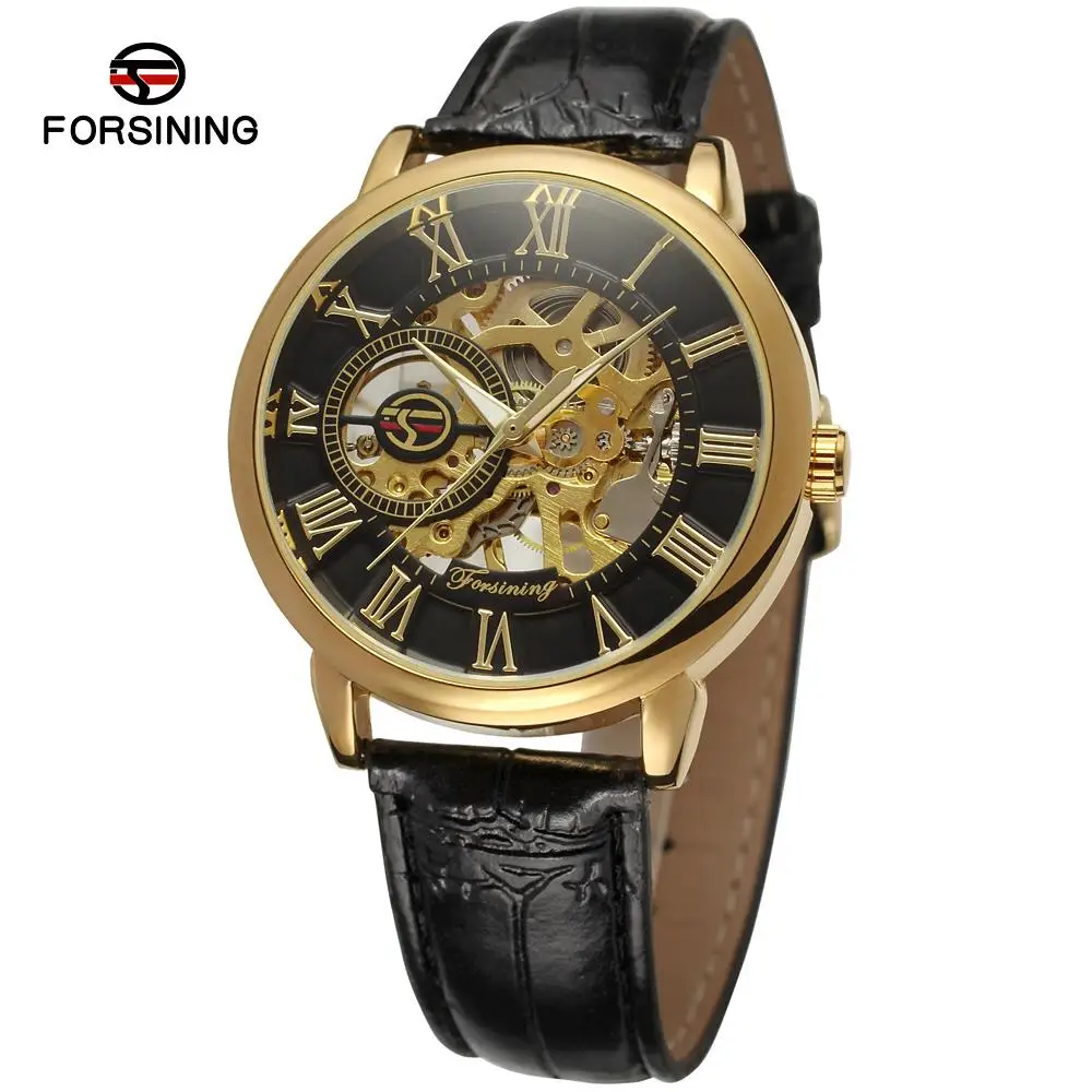 FORSINING Для мужчин модные механические кожаные Скелет Повседневное аналоговые лучшие брендовые наручные часы Цвет золото FSG8099M3