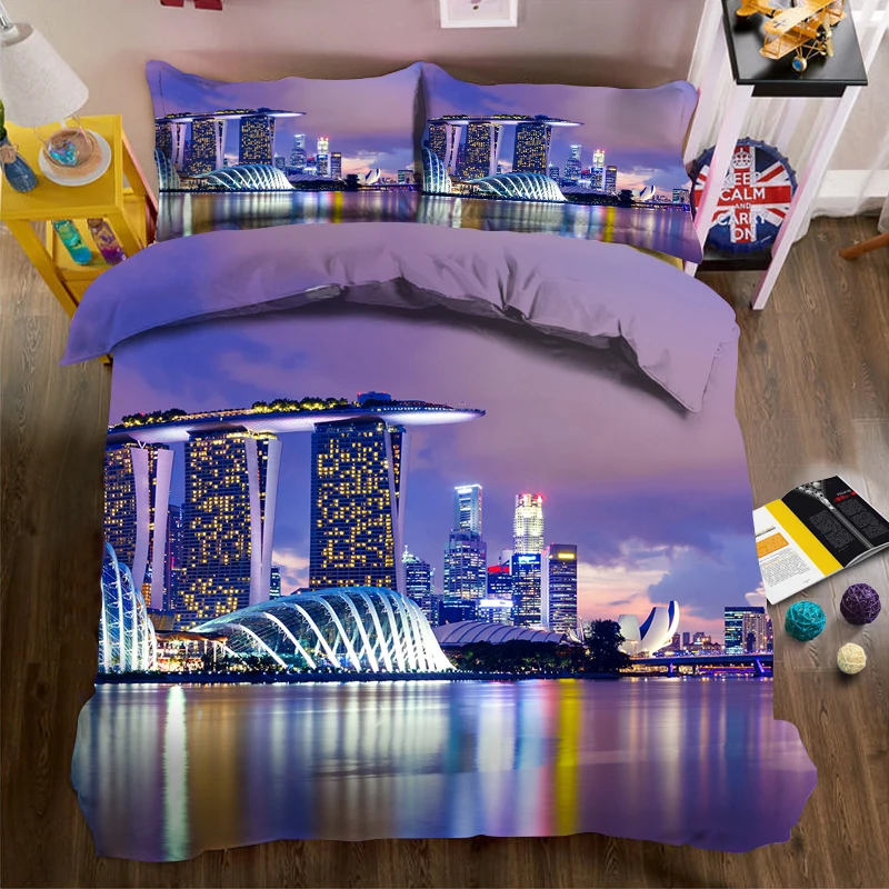 

Purple sea city 3d effect photo bed linen can be customized photo pattern