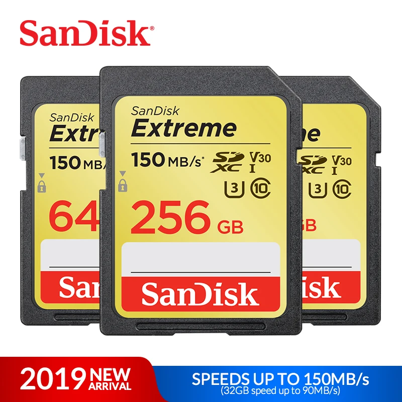 Дешевый Карта памяти SanDisk Extreme SDHC SDXC SD Card 4 K UHD 32 ГБ, 64 ГБ и 128 ГБ C10 U3 V30 150 МБ с. (32 Гб 90 МБ с.) UHS I флэш карты