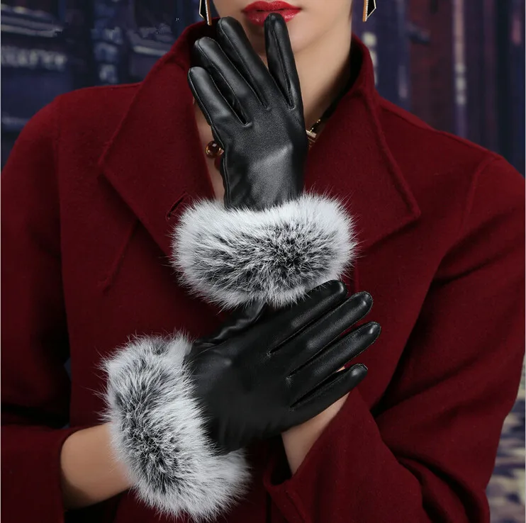 Осенне-зимние перчатки из искусственной кожи с сенсорным экраном плюс толстый бархат Теплый Настоящий мех кролика велосипедные перчатки для женщин