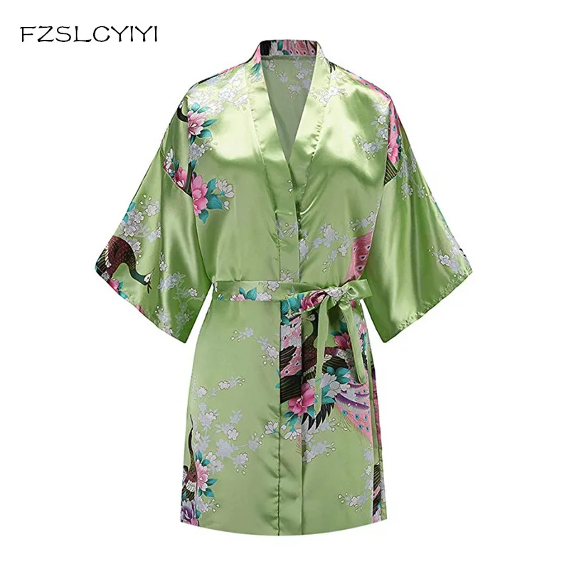 

FZSLCYIYI Green Mini Summer Female Nightgown Kimono Bathrobe Rayon Sleepwear Peacock&Floral Bride Bridesmaid Wedding Robe Gown