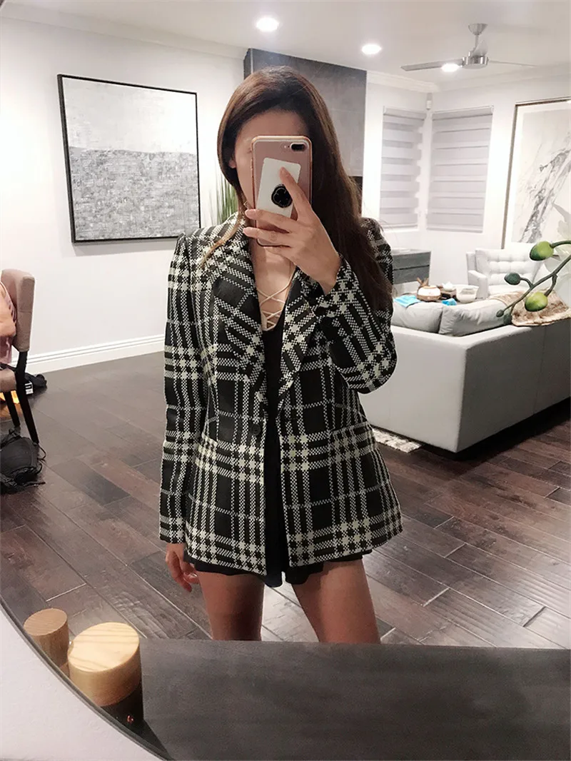 Qualité Bouton De Hiver Haute Manteau Slim Dame Blazer Nouvelle Ol Plaid Arrivée Automne Veste 2018 Seul Bureau CT4x1qa
