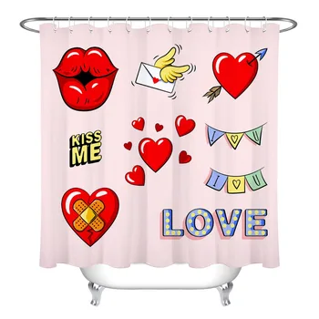 

Heart And Love English Letter Shower Curtain Set with Rug Valentine's Day Bathroom Waterproof Polyester Fabric For Bathtub Decor