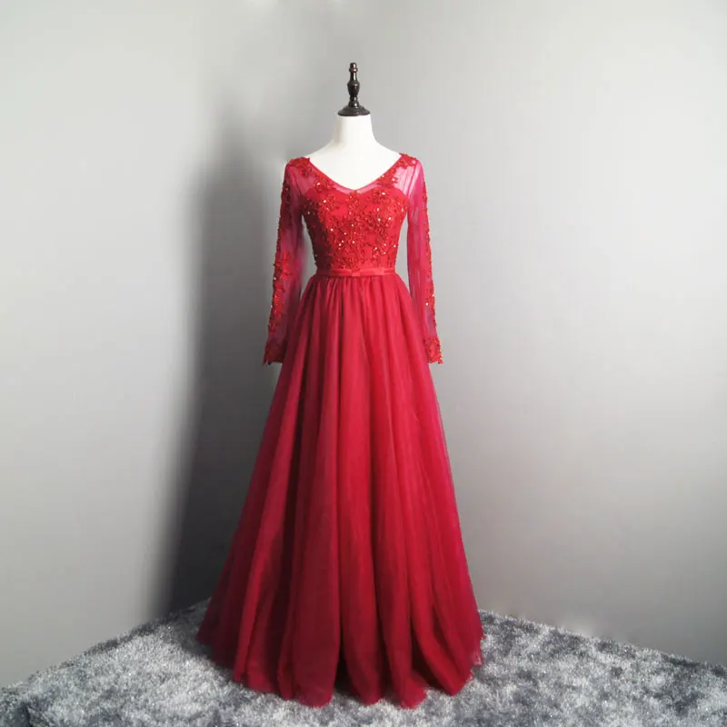 FADISTEE Новое поступление элегантное вечернее платье вечерние платья Vestido de Festa с аппликацией вечернее платье с вышивкой бисером полный рукав v-образный вырез сзади