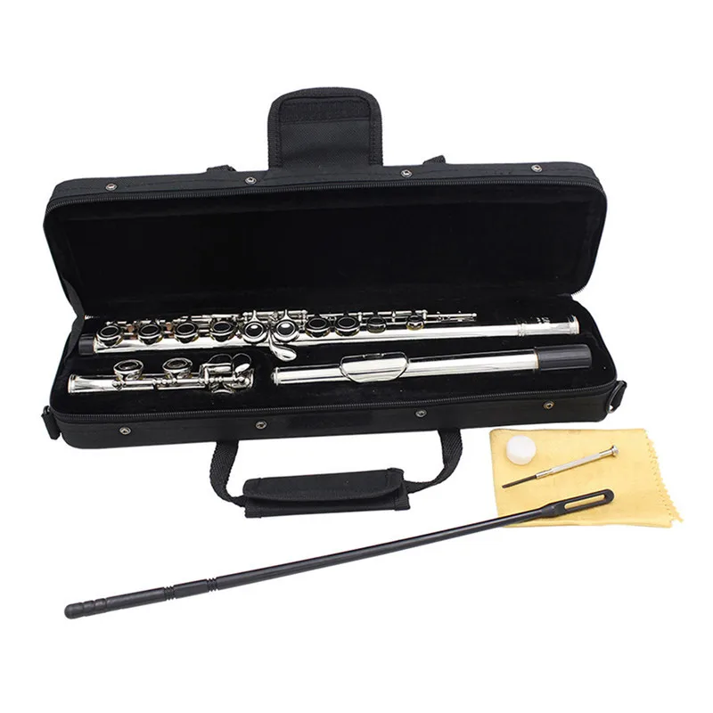 

Concert Flute Silver Plated 16 Holes C Tune With E Key Woodwind Musical Instrument with Cleaning Cloth Stick Gloves Screwdriver