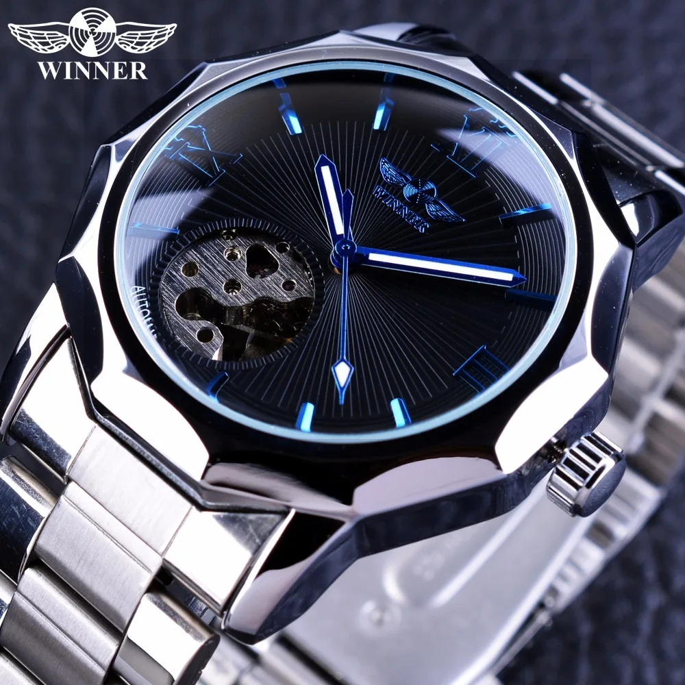 Winner Brand Automatic Skeleton Man Clock Top Fashion Silver Business Full Stainless Steel Relojes Hombre Mechanical Watch