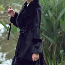 Женские пальто с большим меховым воротником, Женская Длинная кожаная куртка, куртки с воротником из искусственного лисьего меха, зимняя теплая утепленная замшевая куртка с мозаикой