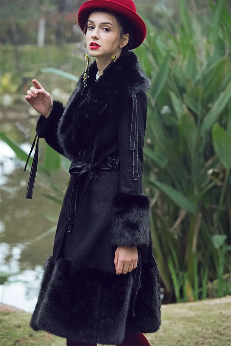 Women Big Fur Collar Coats Women's Long Leather Jacket Faux Fox Fur