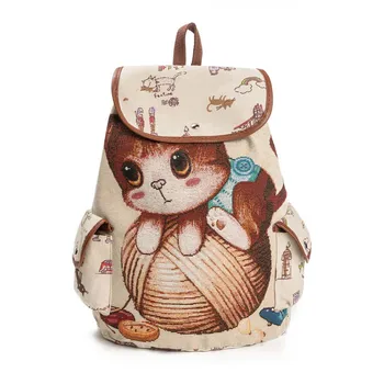 

35# Best Deal Bag Women Cute Cat Printing Canvas Drawstring Backpack Shopping Bag Travel Bags Best Gift Backpack for grils