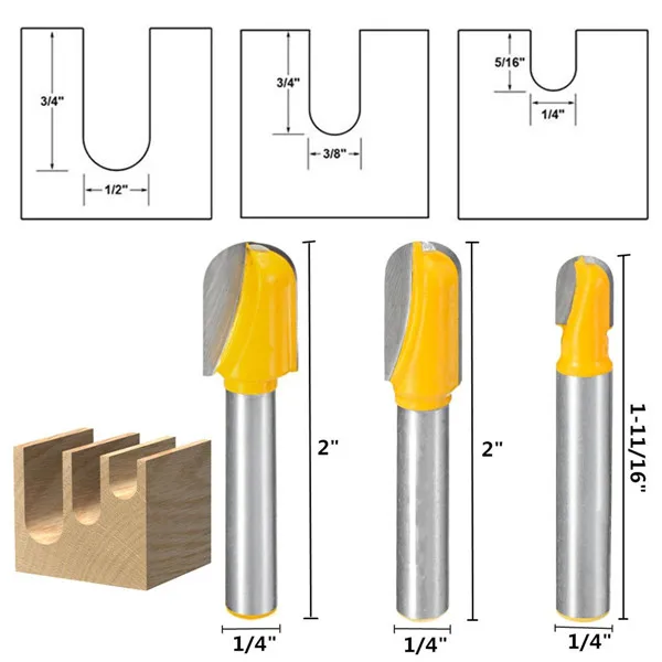 3pcs 1/4 Inch Shank Core Box Router Bit Set Deep Round Bottom Cutter For Woodworking