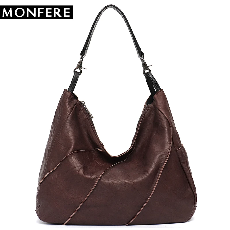 

MONFERE Women Handbag 100% Genuine Leather Female Patchwork Shoulder Purse Ladies Sheep Skin Large Capacity Cross Body Tote Bag