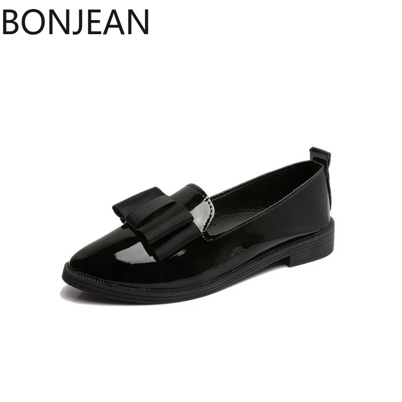 

Autumn Flats Women Shoes Bowtie Loafers Patent Leather Elegant Low Heels Slip on Footwear Female Pointed Toe Thick Heel